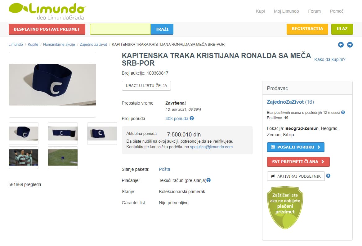 Kompanija Mozzart kupila Ronaldovu kapitensku traku za 7,5 miliona dinara i uplatila novac za malog Gavrila