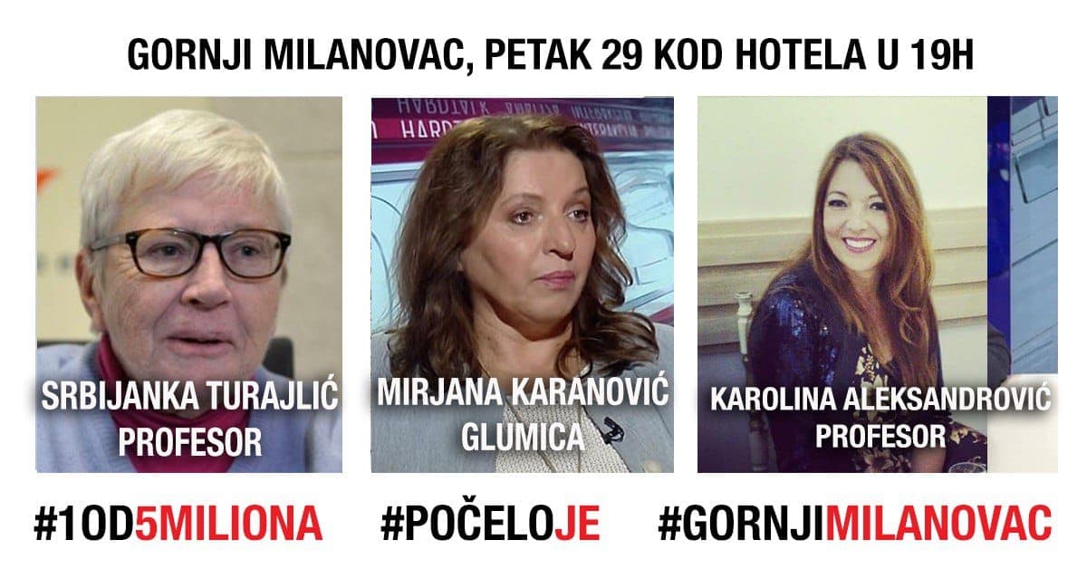 Na 12. protestu u Gornjem Milanovcu prof. Turajlić, Aleksandrović i glumica Mirjana Karanović