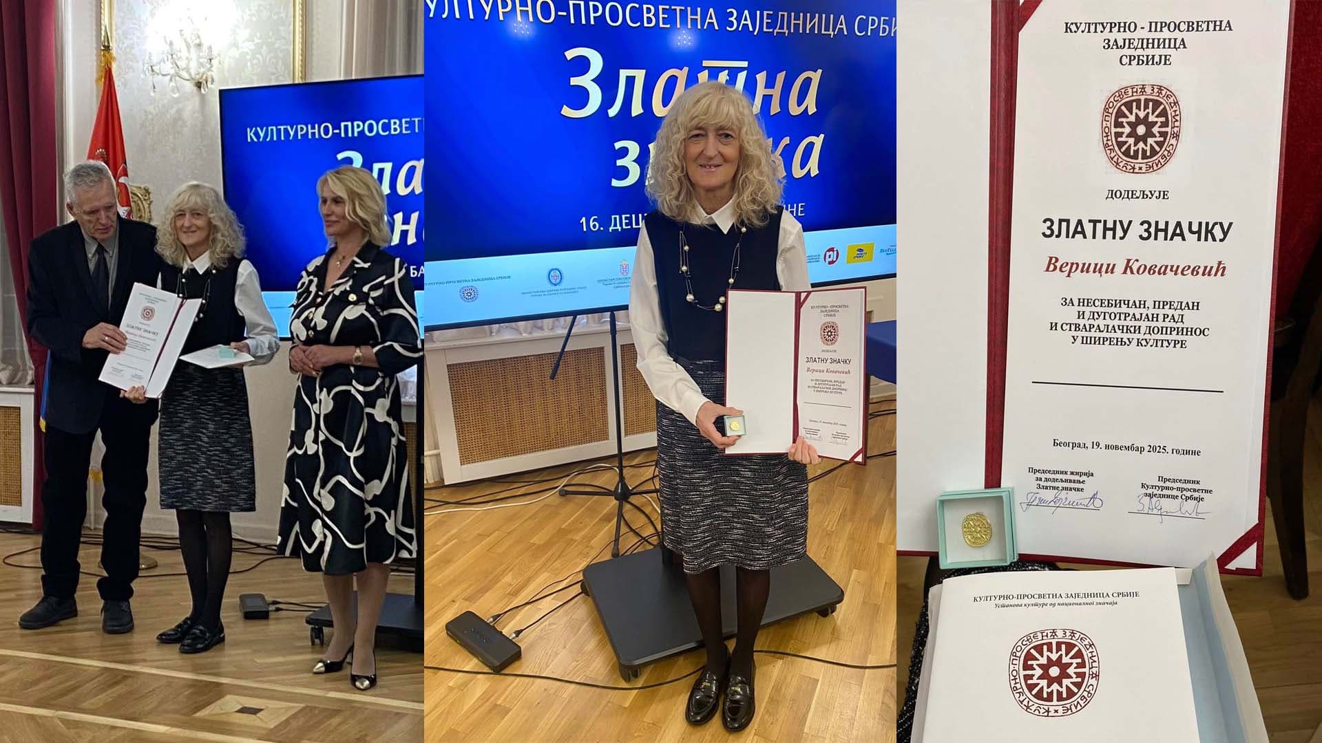 Vredno priznanje "Zlatna značka" dodeljeno Verici Kovačević, urednici u Kulturnom centru Čačak