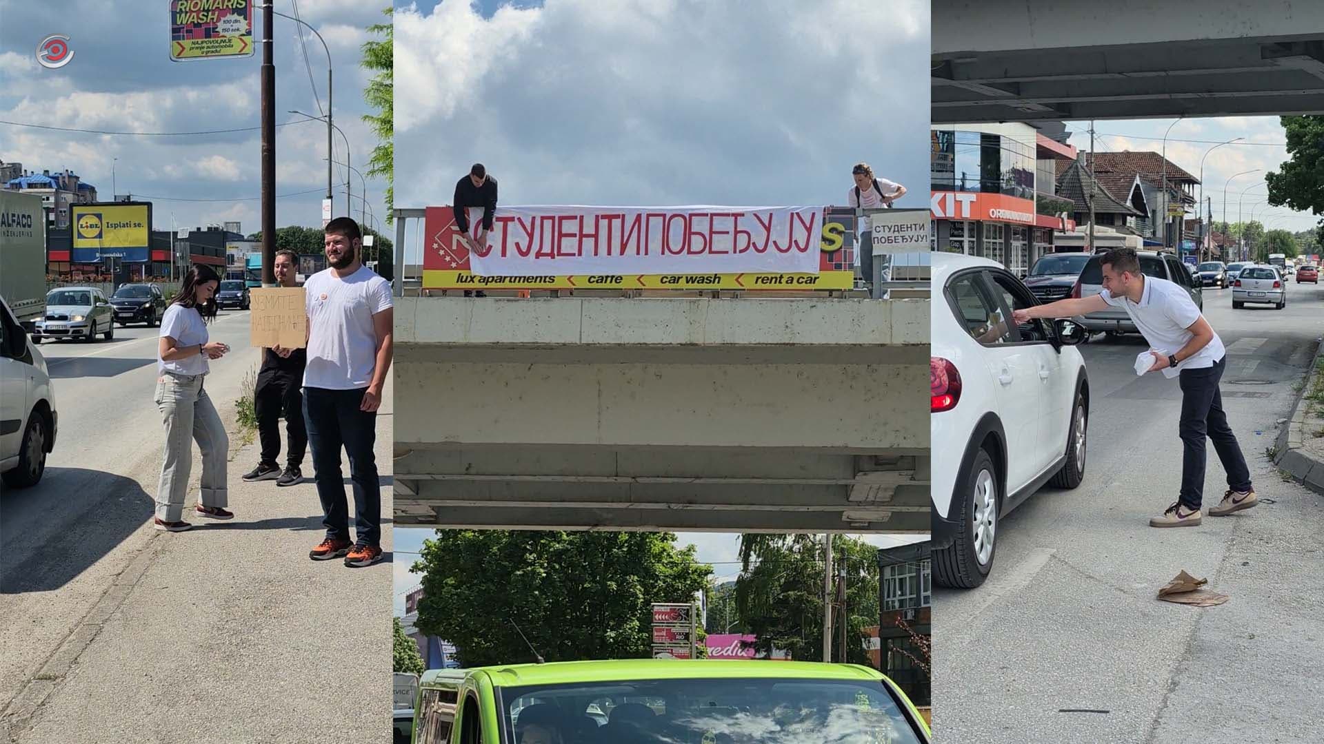 Studenti FTN-a u Čačku okačili transparent na vijadukt i delili nalepnice "Studenti pobeđuju", vozači ih pozdravljali sa oduševljenjem (VIDEO)